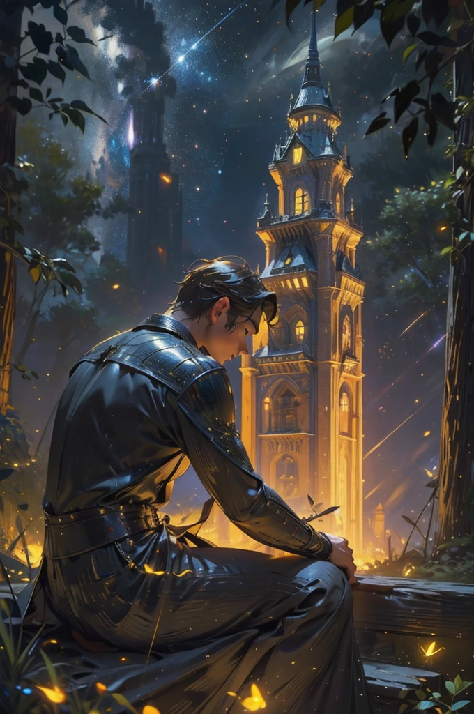 a very detailed photography of a fairy tale tower with a lot of fireflies, starry night, fantasy, hyperrealistic