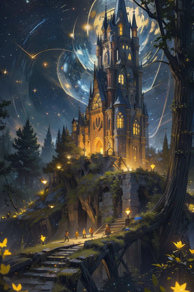 a very detailed photography of a fairy tale tower with a lot of fireflies, starry night, fantasy, hyperrealistic