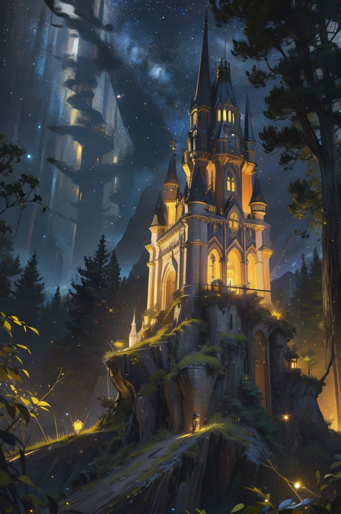 a very detailed photography of a fairy tale tower with a lot of fireflies, starry night, fantasy, hyperrealistic