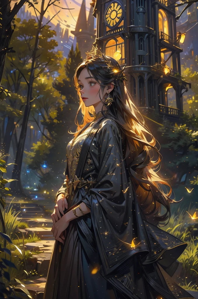 a very detailed photography of a fairy tale tower with a lot of fireflies, starry night, fantasy, hyperrealistic