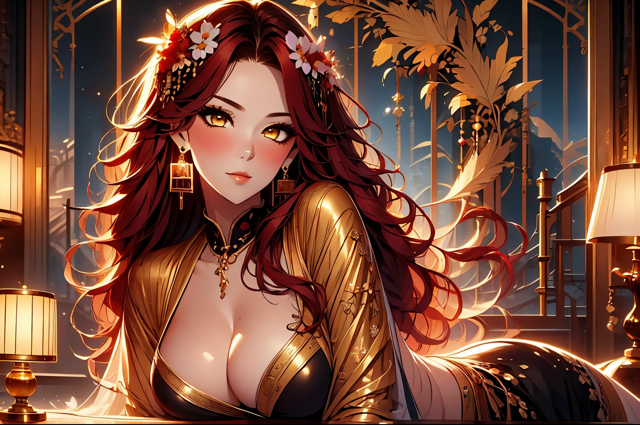 Xian Mei, metal ornaments, colorful flowers, particles, light, (masterpiece, high quality, high quality, official art, beautiful and aesthetic: 1,2), (1 girl: 1,3), very detailed ,(Fractal Art : 1.1),(Colorful:1.1)(Flowers:1.3),Most Detailed,(Dynamic Pose),(Abstract Background:1.3),(Shiny Skin),(Many Colors:1.4), ,(Earrings: 1.4), ( Feather: 1.4), masterpiece, top quality, 20 years old, full body, woman, beautiful mature, captivating smile, black dress, full lips, blushing, looking at the audience, provocative expression, Cleavage, at face, cheeky face, inviting gaze , emotion expression, beautiful accessories, clothing details, cinematic lighting, film grain, light and dark contrast, 8k, masterpiece, very detailed, attention to detail, high quality, high definition, masterpiece, high quality, very detailed, Cowboy Shot, Looking at the audience , Outdoor, blush, 1 girl, (masterpiece: 1.3), (high resolution), (8k), (very detailed), perfect face, beautiful eyes and face, (( (Excellent quality) )), (Very detailed ), Detailed face and eyes, (alone), high definition、Beautiful eyes,(((Sexy pose)))、((((Fulody portrait))) red wavy hair, golden eyes,