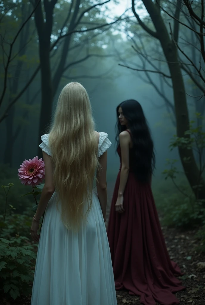Two adult girls with their backs to the viewer.
One is in the foreground and the other in the background,
One has very long blonde hair and holds a flower, the other has voluminous black hair and looks over her shoulder. They are in the middle of a dark and suspenseful forest..
The one with black hair is mysterious and wears a long burgundy dress.
The blonde has a long, simple white dress.