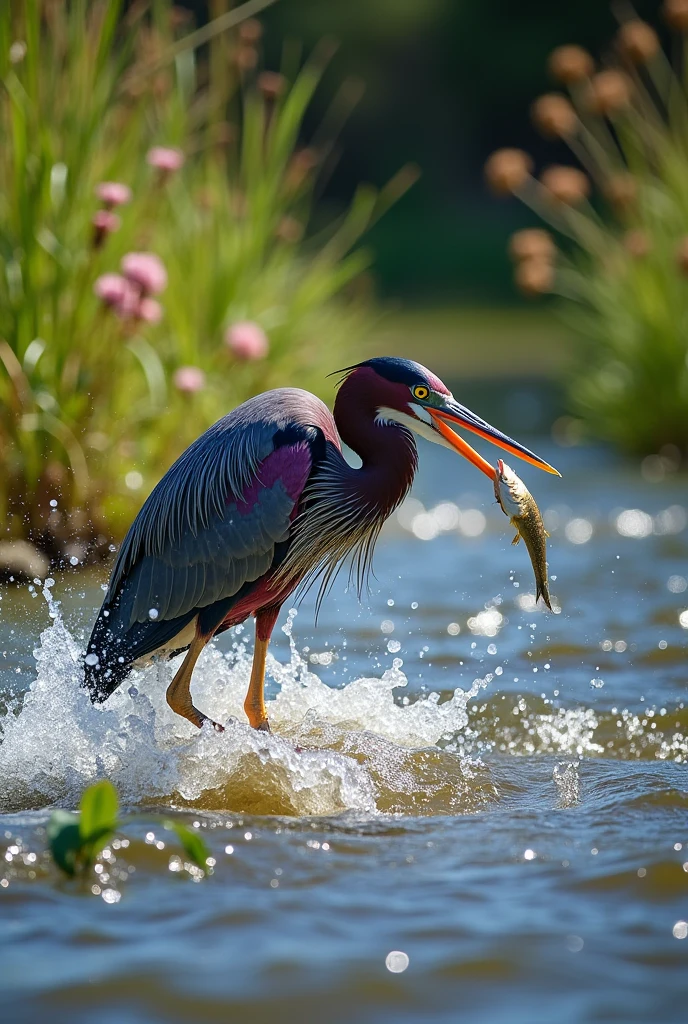 A purple heron fighting a river. 
