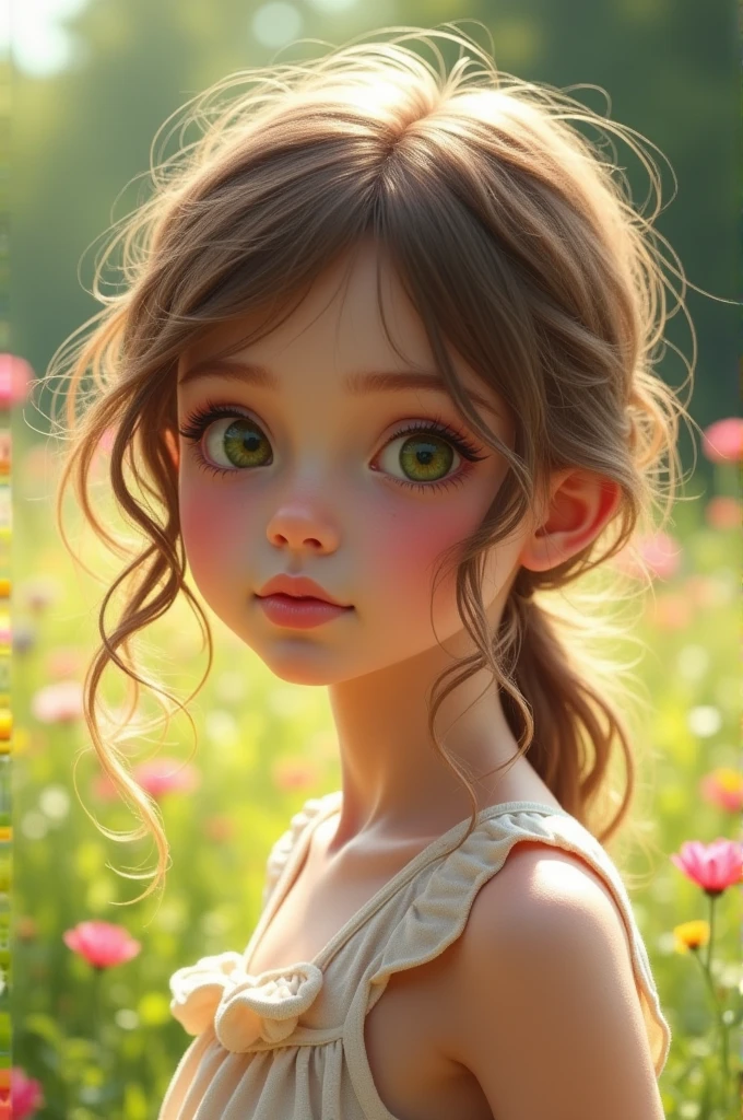 A completely super realistic girl, like a photo, with light brown hair, slightly messy, with the ends curled upwards, a blonde streak, white skin with pink cheeks, dark green eyes, slightly thick lips and pale red. 