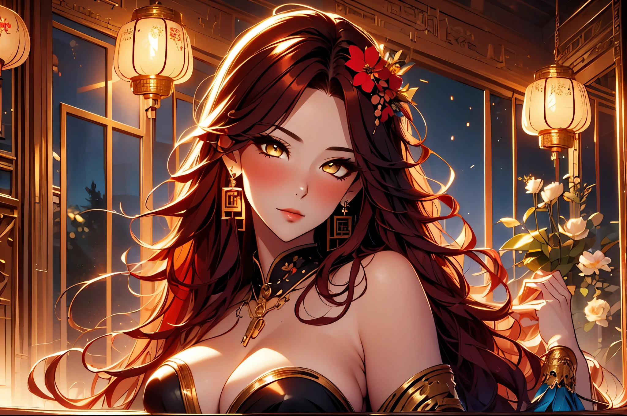 Xian Mei, metal ornaments, colorful flowers, particles, light, (masterpiece, high quality, high quality, official art, beautiful and aesthetic: 1,2), (1 girl: 1,3), very detailed ,(Fractal Art : 1.1),(Colorful:1.1)(Flowers:1.3),Most Detailed,(Dynamic Pose),(Abstract Background:1.3),(Shiny Skin),(Many Colors:1.4), ,(Earrings: 1.4), ( Feather: 1.4), masterpiece, top quality, 20 years old, full body, mature woman, beautiful mature woman, captivating smile, black dress, full lips, blushing, looking at the audience, provocative expression, Cleavage, attractive face, cheeky face, inviting gaze , emotion expression, beautiful accessories, clothing details, cinematic lighting, film grain, light and dark contrast, 8k, masterpiece, very detailed, attention to detail, high quality, high definition, masterpiece, high quality, very detailed, Cowboy Shot, Looking at the audience , Outdoor, blush, 1 girl, (masterpiece: 1.3), (high resolution), (8k), (very detailed), perfect face, beautiful eyes and face, (( (Excellent quality) )), (Very detailed ), Detailed face and eyes, (alone), high definition、Beautiful eyes,(((Sexy pose)))、((((Full body portrait))) red wavy hair, golden eyes,