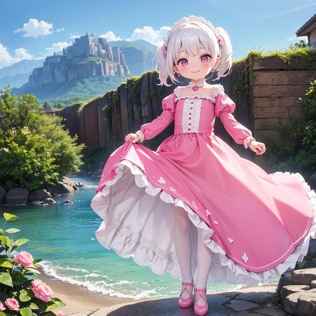 1girl, Solo, white hair, pink eyes, blushing, twin tails, pink hair, vale, long dress, pink dress, bride, victorian dress, earrings, windy, puffy sleeves, water, wet, dress lift, smile, masterpiece, high heels, stockings, Makeup, swimming, windy, stocking, teasing, wet clothes