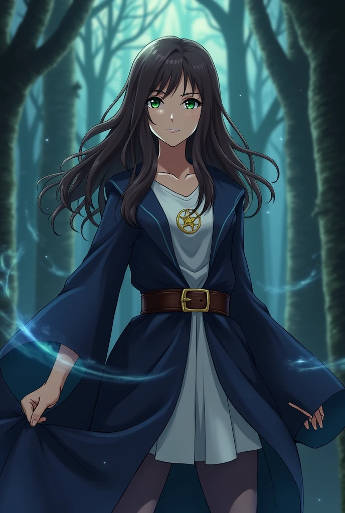 You can come to a bad young woman with her uniform which is a dark blue robe missing gray with a leather belt to hold her magic wand a white shirt and a five-pointed star surrounded by a circle that is the emblem and the girl is an 18-year-old young woman with dark brown hair and green eyes anime style