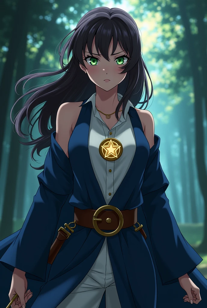 You can come to a bad young woman with her uniform which is a dark blue robe missing gray with a leather belt to hold her magic wand a white shirt and a five-pointed star surrounded by a circle that is the emblem and the girl is an 18-year-old young woman with dark brown hair and green eyes anime style