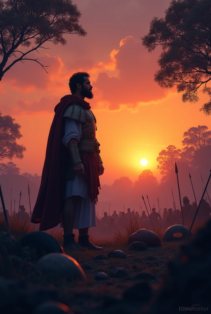 Show the sun setting slowly after the long day. The sky begins to darken, and the battlefield is silent. The victory of the Israelites is evident, And Joshua stands, watching the sunset with gratitude."