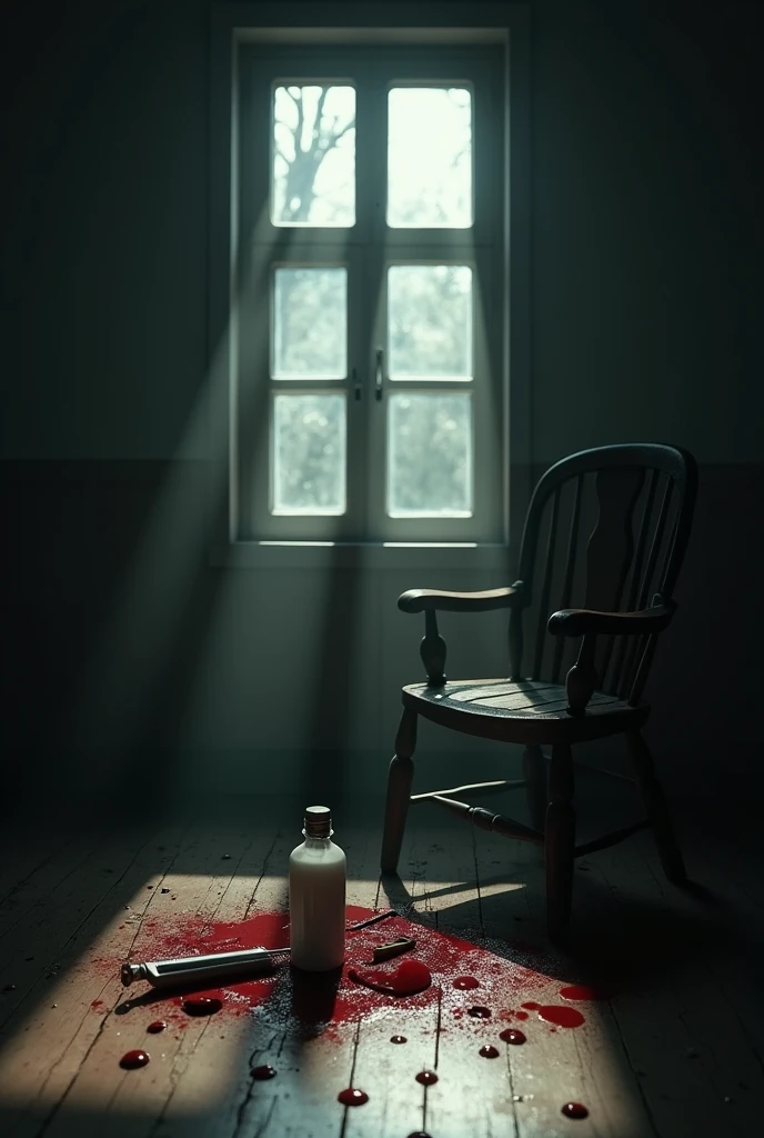 Well in this activity I need to represent a supposed suicide so here are the things I need in the image:
A completely dark room;
A single lighting coming from the window with square glass panes(4 window division), through the window you can see the reflection of a ray (which was the reason for the lighting);
An old wooden chair fallen;
A bottle of white medicines fallen on the floor next to the chair;
Some blood drops dripped near the aspirins;
A bloody blade near the blood drops;
A fallen glasses with one of its lenses cracked;
And finally the glimpse of a human foot, with a dress shoe and a leg with a tailored pants (I want one of the legs to appear in a glimpse, soli), he will be hanging by the neck Do exactly EVERYTHING that is described Remembering it is a simulation