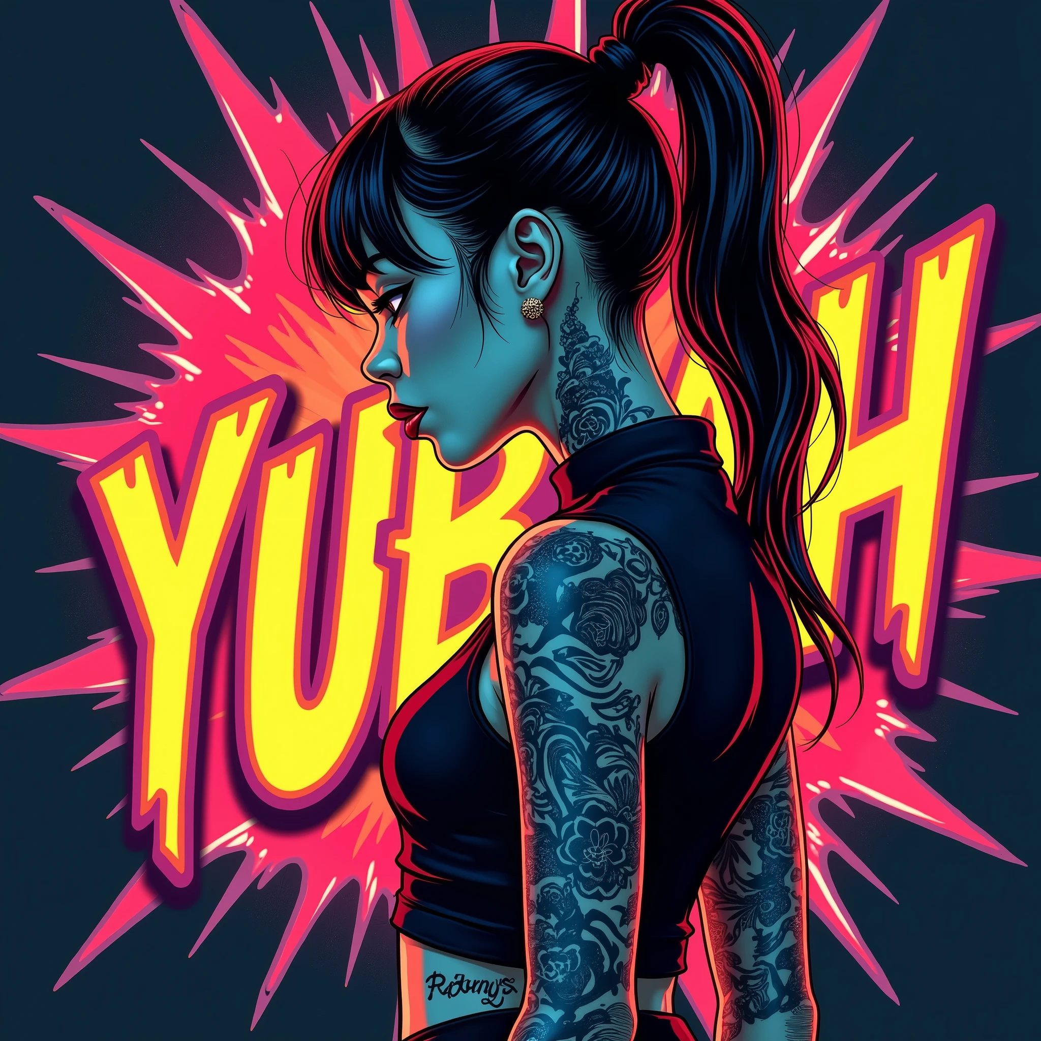 Asian Girl Rapper, super pretty, face_tattoos, side view, action, cartoon, Album cover, "YUBAH", Letters say YUBAH, Album Cover, dark, explosion, full body, comic style, gangster, tech wear outfit, dynamic