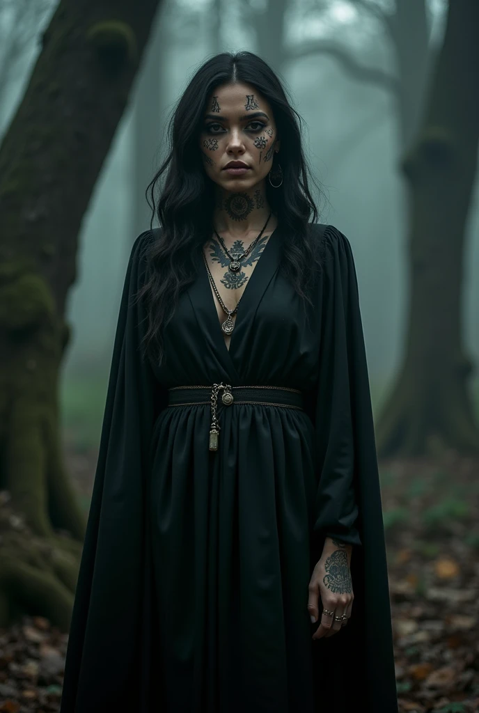 Arafede, a woman with tattoos and piercings, stands in the forest, photo, inspired by Elsa Bleda, Tumblr, Gothic art, Woman in the Dark Forest, witch clothes, Evil fire sorceress in the forest, pagan goddess, goddess of the forest, queen of the forest, Witch in the Woods, gothic shaman maiden, with rune tattoos on her face