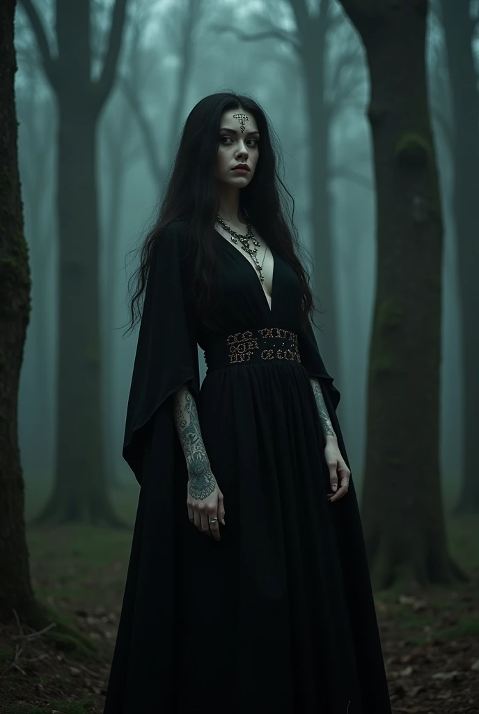 Arafede, a woman with tattoos and piercings, stands in the forest, photo, inspired by Elsa Bleda, Tumblr, Gothic art, Woman in the Dark Forest, witch clothes, Evil fire sorceress in the forest, pagan goddess, goddess of the forest, queen of the forest, Witch in the Woods, gothic shaman maiden, with rune tattoos on her face
