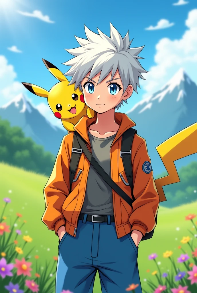 1 boy, teenager, short white hair and blue eyes solo, boy, orange and blue clothes, anatomically perfect body, full HD art, anime boy, with a pokemon called Pikachu on his shoulder