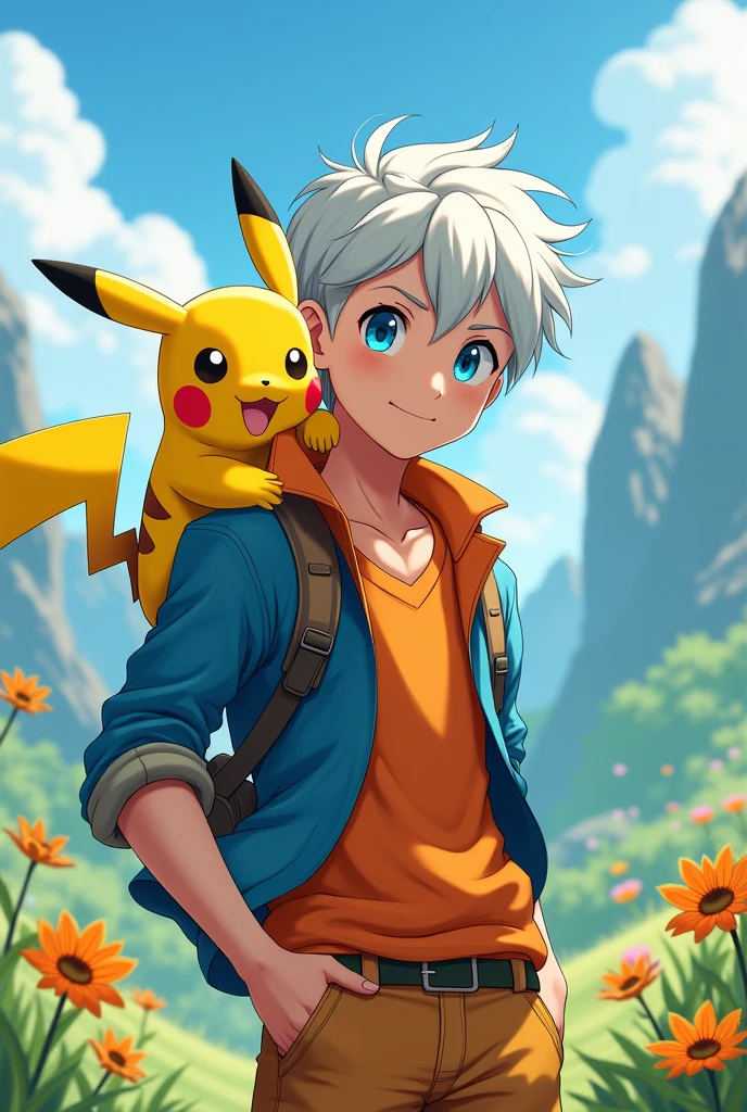 1 boy, ager, short white hair and blue eyes solo, boy, orange and blue clothes, anatomically perfect body, full HD art, anime boy, with a pokemon called Pikachu on his shoulder