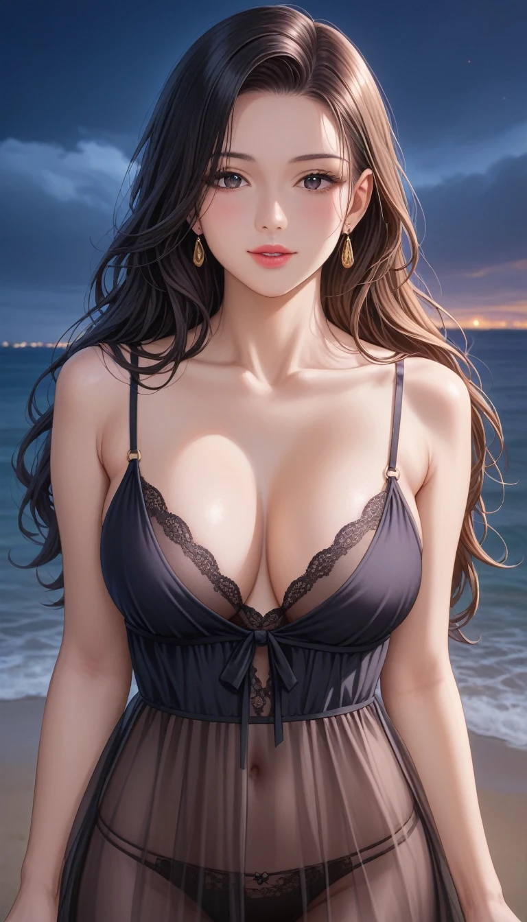 score_9, score_8_superior, score_7_superior, High-resolution 3DCG illustration,A masterpiece in 32K resolution,Highest quality,it is really amazing,Very detailed,Ultra-high resolution,Ultra-realistic,Realistic,Increased depth of field,Cinematic lighting,
Sexy mature Japan woman,
Glossy black hair,Wavy long hair,Showing his forehead,god々Beautiful,Ultra-detailed and beautiful face,Sensual look,Beautiful dark brown, moist eyes,Pitch black eyes,Glowing, moisturized skin,Translucent white skin,born々New skin texture,Great proportions,
Black camisole long dress,Black panties,
Wide open chest design,Deep slit showing the thighs,Detailed race decorations,詳細なborn地の質感,
A dark and blurry night background,Dark overcast sky on a dull night,Dark clouds filling the sky,Thundercloud,Coastline at night,Golden reflections on the sea surface,delay々A desolate sandy beach that continues,
Beautiful cleavage,Face close-up,High angle,