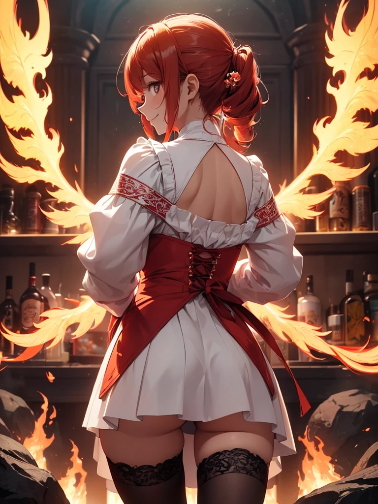 (((best quality, sharp image, clear image, cinematic lighting, 8k resolution, masterpiece, ultra detailed, intricate))) Girl, (((looking over left shoulder))), (shot from behind), ((shot from hip up)), fiery red hair, pigtails, ((white dress)), ((flaming sigils, flaming runes)), spiky rock formations, (flaming lotus flowers frame), (intricate background), ((Phoenix)), (swirling flames), smiling, long sleeves, stockings