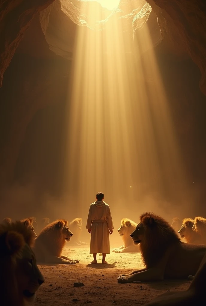 A young and mighty Daniel in the lions dent, God's grace upon him. Light beam, majestic, dominating lions