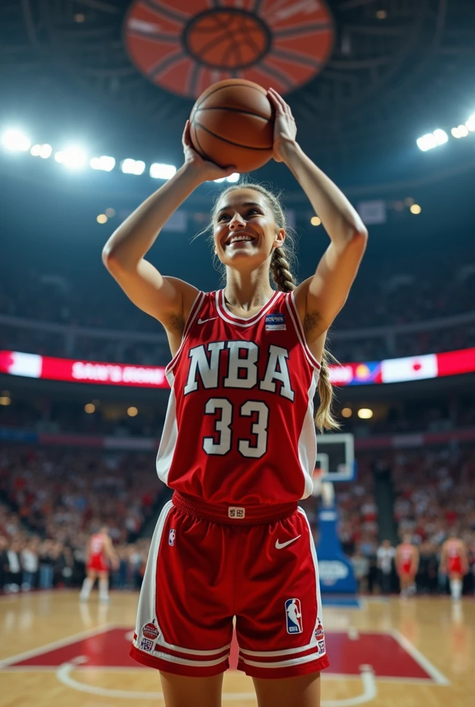 A beautiful youthful looking white European version of Ariana Grande as a 50 years old woman with very long hair completely gray hair in a Braided ponytail as a retired
NBA player wearing her old NBA jersey shooting the ball in the basket in a nba stadium she is smiling for the camera