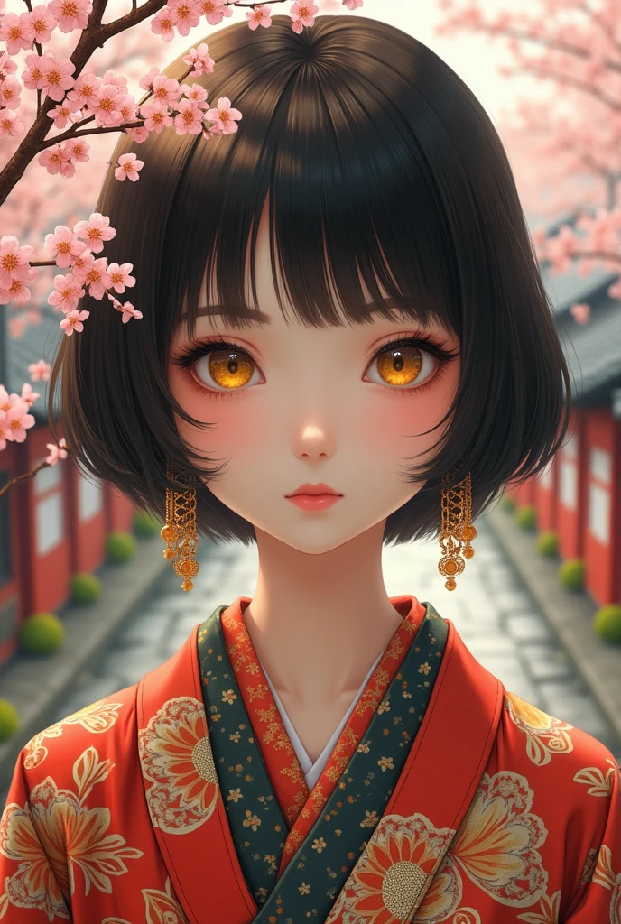 score_9, score_8_up, score_7_up, score_6_up, score_5_up, score_4_up, BREAK 1girl, ((thinbody:1)), intricate, kimono, (eyeliner:1.2) yellow eyes, looking at viewer, bob hairstyle, black hair, jewelry, detailed background, breasts (masterpiece, high quality:1),

