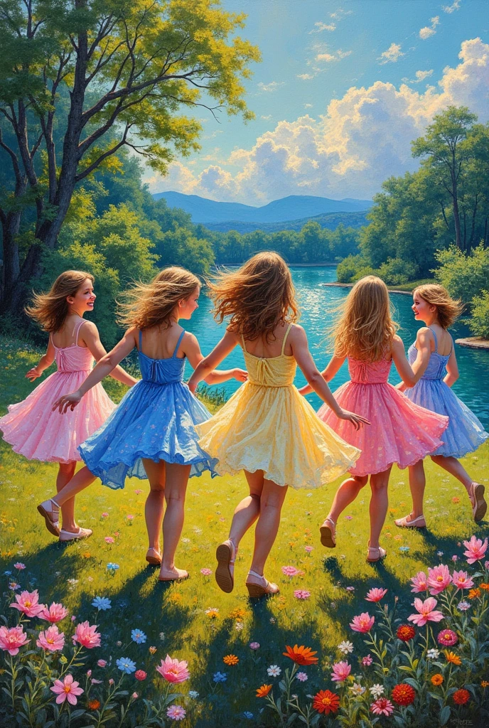 Paint like the artist Georges Seurat, Paul Signac, Heri Edmond Cross or Vincent Van Gogh, girls dancing, oil painting