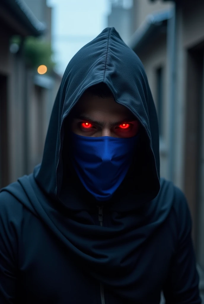 Ninja wearing black hood with blue mask and red eyes. neck shot and above only