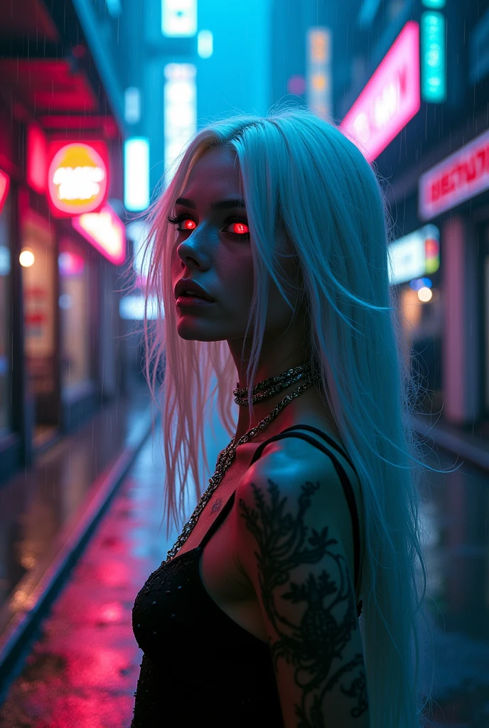 vampires. white  hair. eerie glowing red eyes. Cyberpunk Background. Raby. wet. tattooed 