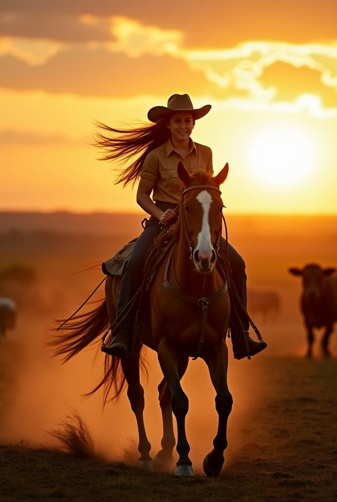 Make a 46-year-old Pantanal cowgirl,  dark-skinned Brazilian woman, long brown morning shirt, long brown hair flowing in the wind, cowgirl hat, riding a horse running and lassoing a bull,  light eye, realisitic, farm and cattle background