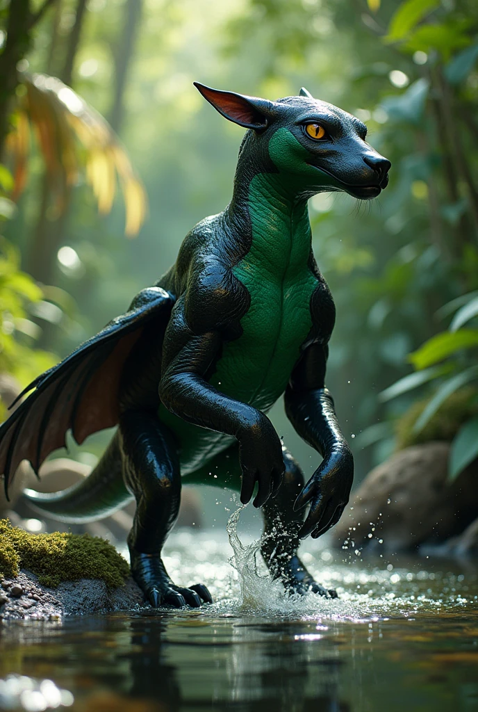 A chimera between a panther and a duck, shaped like an amphibian, webbed feet, big creature, no wings