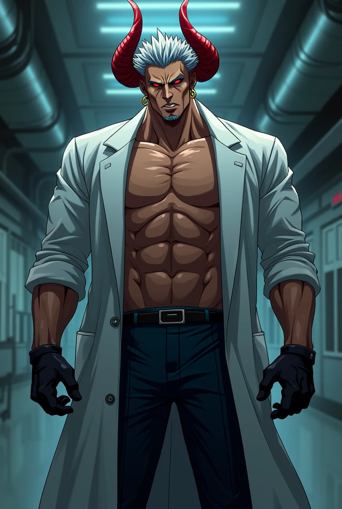 Create an anime man with a height of 2.20cm, wide and muscular body, He has a domineering gaze with downcast eyes and a gaze directed towards the outer edge and upward, pubic hair on the chin and chest, oval gold earrings on his two ears, brown skin, spiky gray hair, dominant eyes and red eyes, Fangs, large, deep red horns. Dress him in a long doctor's coat with rolled up sleeves and a burgundy tie, that he shows his muscular chest, black pants and black shoes, black gloves, demon tail.