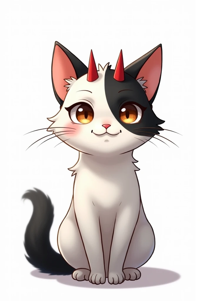 White cat painted black, black tail, brown dark eyes,  small red horns on the head,  anime styling, white background 