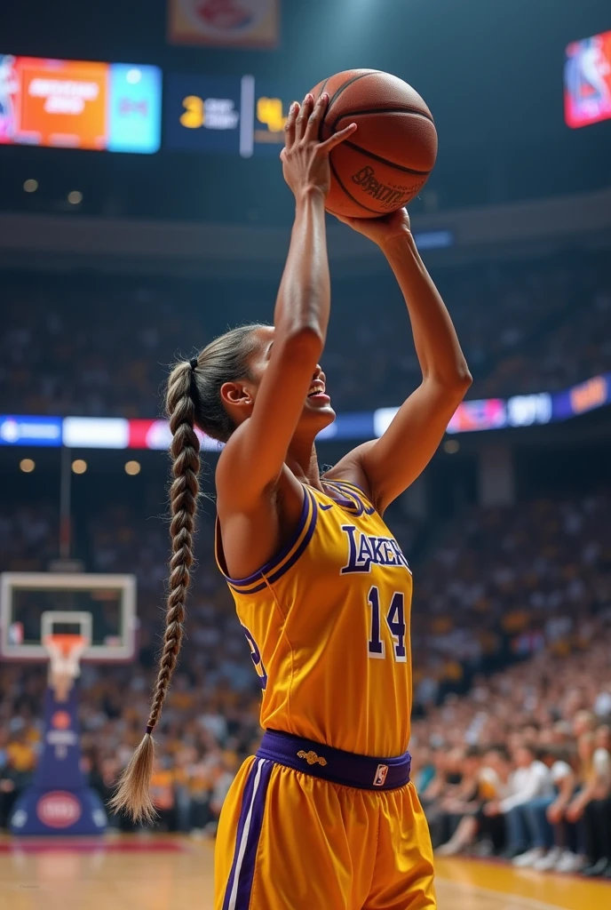 A beautiful youthful looking white European version of Ariana Grande as a 50 years old woman with very long hair completely gray hair in a Braided ponytail as a retired
NBA player wearing her old NBA jersey shooting the ball in the basket in a nba stadium she is smiling for the camera