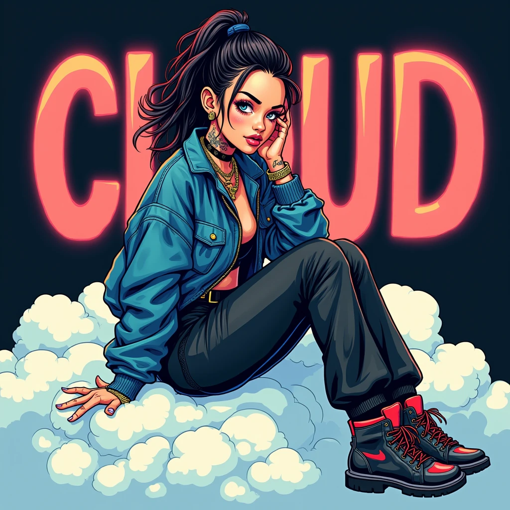 Asian Girl Rapper, super pretty, face_tattoos, side view, action, cartoon, sitting on a cloud, Album cover, "CLOUD", Letters say CLOUD, Album Cover, dark, full body, comic style, gangster, tech wear outfit, dynamic