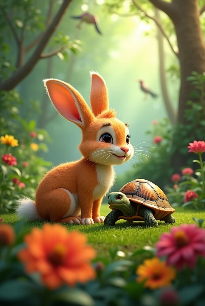 Ruby and Tilly sitting together, Ruby smiling at Tilly with a look of relief.
Ruby is a orange rabbit, Tilly is a turtle, and the background is jungle