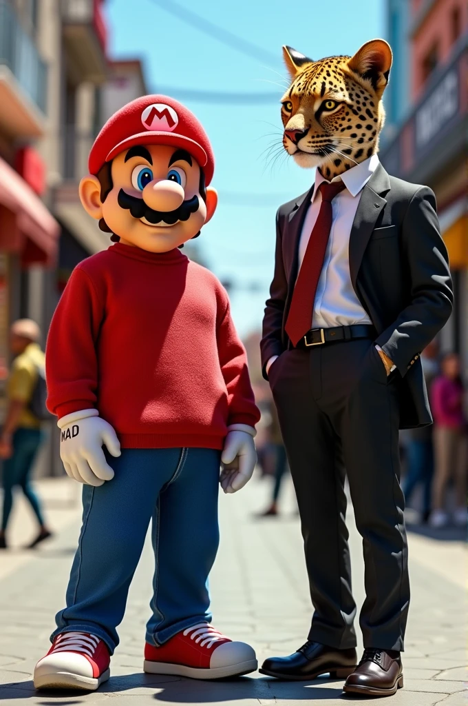Mario in a baggy red sweater and red converse alongside a human in a suit and tie but with a leopard head