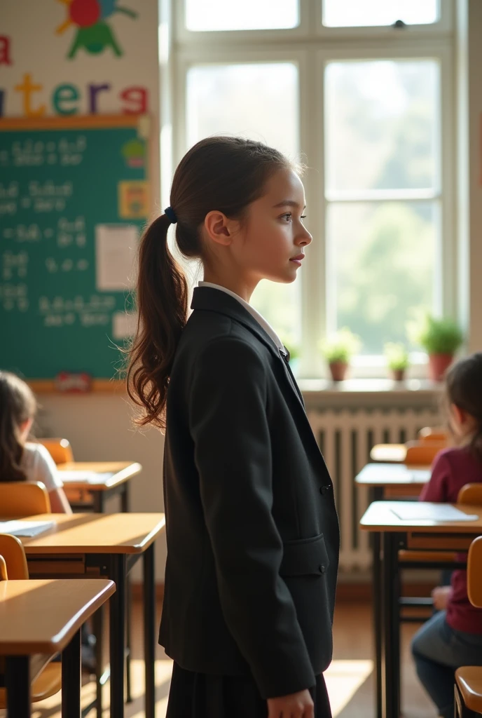 (masterpiece,The newest one,exceptional:1.2),1 girl,black school uniform,classroom,