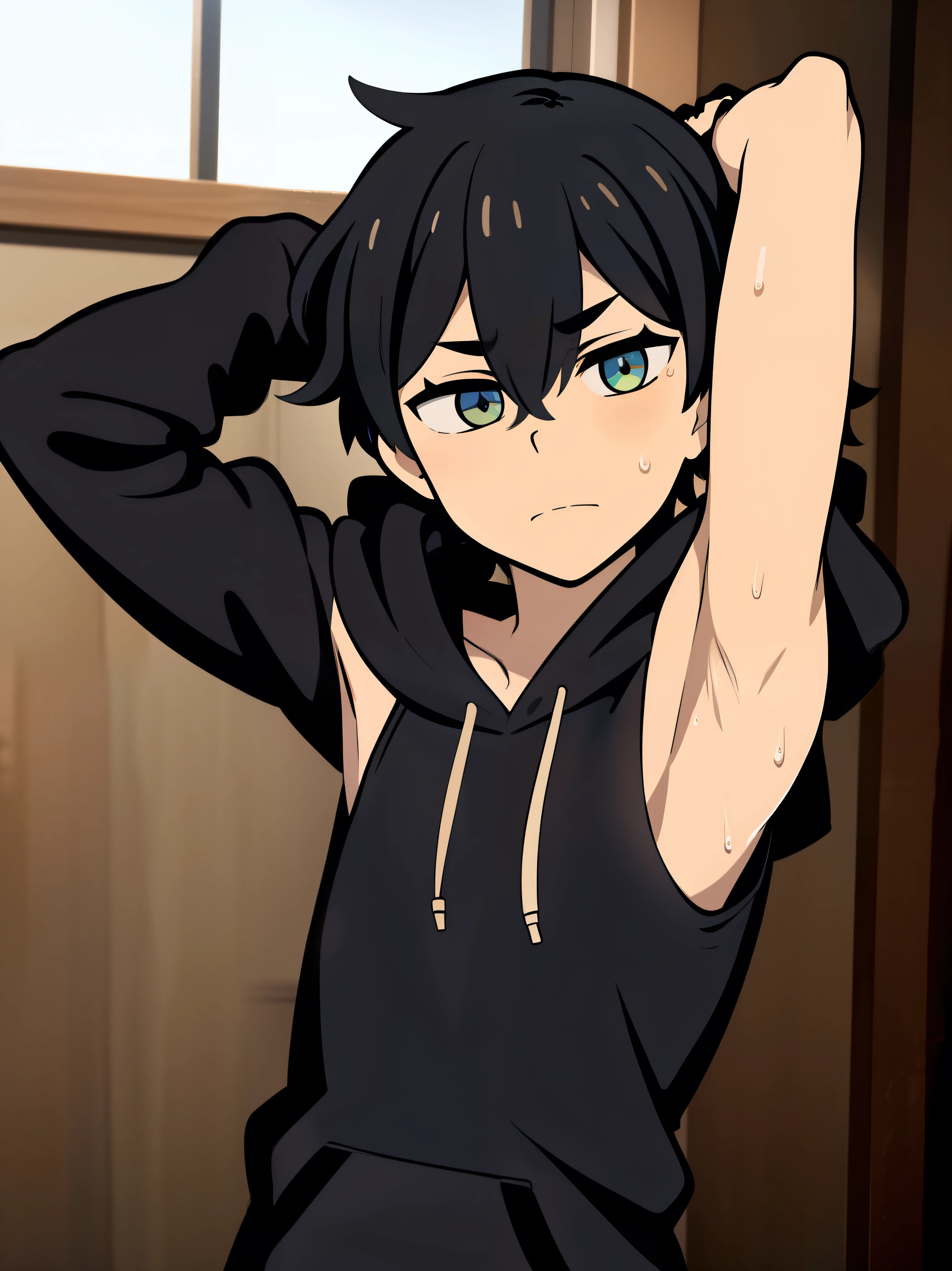 Highres, Masterpiece, Best quality at best,Best Quality,hight quality, hight detailed, Anime style, 1boy, Shota, young boy, Solo person, Andy, tcoaal, Black hoodie, Sleeveless hoodie, Seen from the front, look at viewer, (very young boy), (very small and short body), s, (Showing armpit:1.3), hansome boy, Uhd, bokeh,Sweat