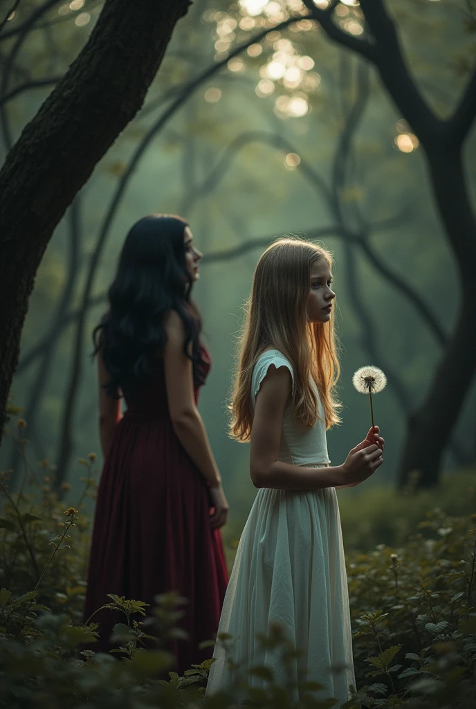 Two grown-up girls
One is in the foreground and the other in the background,
one has very long blonde hair that is blowing in the wind and is holding a dandelion, the other has voluminous black hair and is looking over her shoulder
They are in the middle of a dark and suspenseful forest.
The one with black hair is mysterious and wears a long burgundy dress.
The blonde has a long, simple white dress.