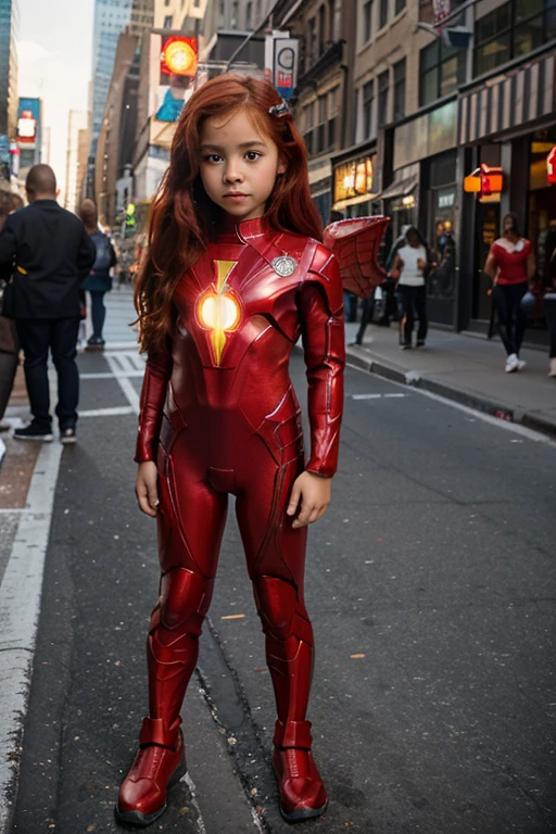 full body view of a 4 year old bi-racial girl that has angel wings with fiery red hair and bright brown eyes wearing a fiery red superhero suit that has an emblem of a dolphin on the center of her superhero suit in the streets of new york city