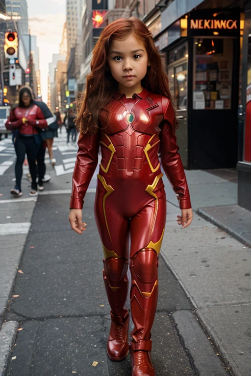 full body view of a 4 year old bi-racial girl that has angel wings with fiery red hair and bright brown eyes wearing a fiery red superhero suit that has an emblem of a dolphin on the center of her superhero suit in the streets of new york city