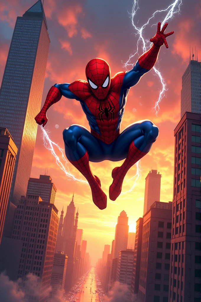 Create a superman scene using the spiderman costume, flying and web-slinging, hq-style