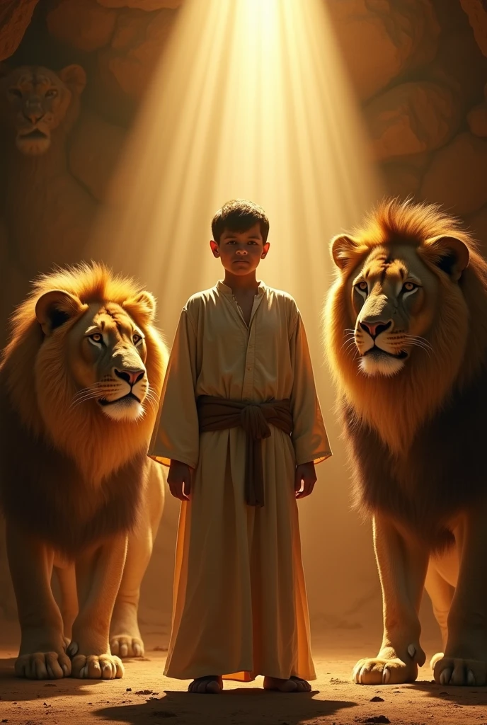 A young and mighty Daniel in the lions dent, God's grace upon him.  Light beam, majestic, dominating lions, close up, 4k, best quality 