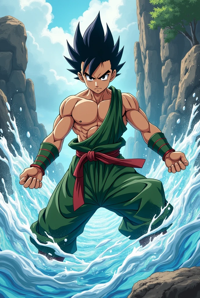 A strong, muscular boy wearing an earthbender uniform (like the ones in Avatar: The Last Airbender) Fighting against a water master, the image can be anime style with green and brown uniforms 