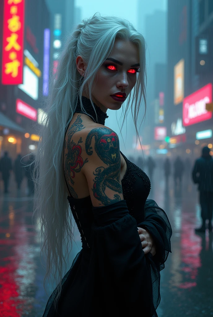 vampires. white hair. eerie glowing red eyes. Cyberpunk Background. Raby. wet. tattooed . Grinning