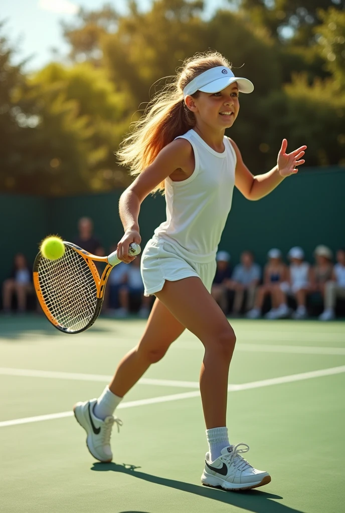A girl with a beautiful face, blonde with long hair, Brown eyes, with size 3 breasts, plays tennis on the tennis court