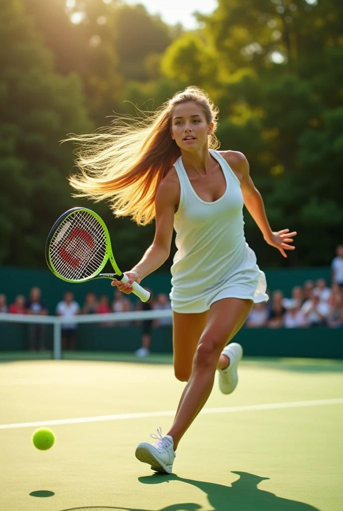 A girl with a beautiful face, blonde with long hair, Brown eyes, with size 3 breasts, plays tennis on the tennis court 