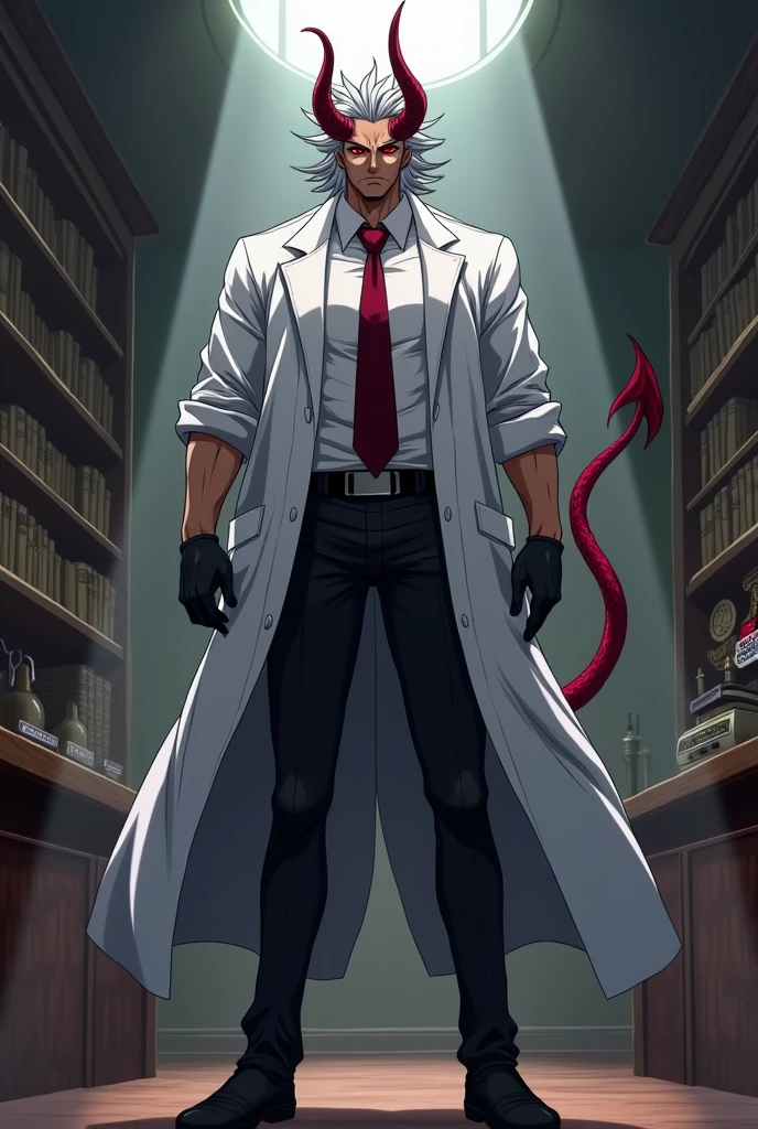 Create an anime man with a height of 2.20cm, wide and muscular body, He has a domineering gaze with downcast eyes and a gaze directed towards the outer edge and upward, pubic hair on the chin and chest, oval gold earrings on his two ears, brown skin, spiky gray hair, dominant eyes and red eyes, Fangs, large, deep red horns. Dress him in a long doctor's coat with rolled up sleeves and a burgundy tie, that he shows his muscular chest, black pants and black shoes, black gloves, demon tail.