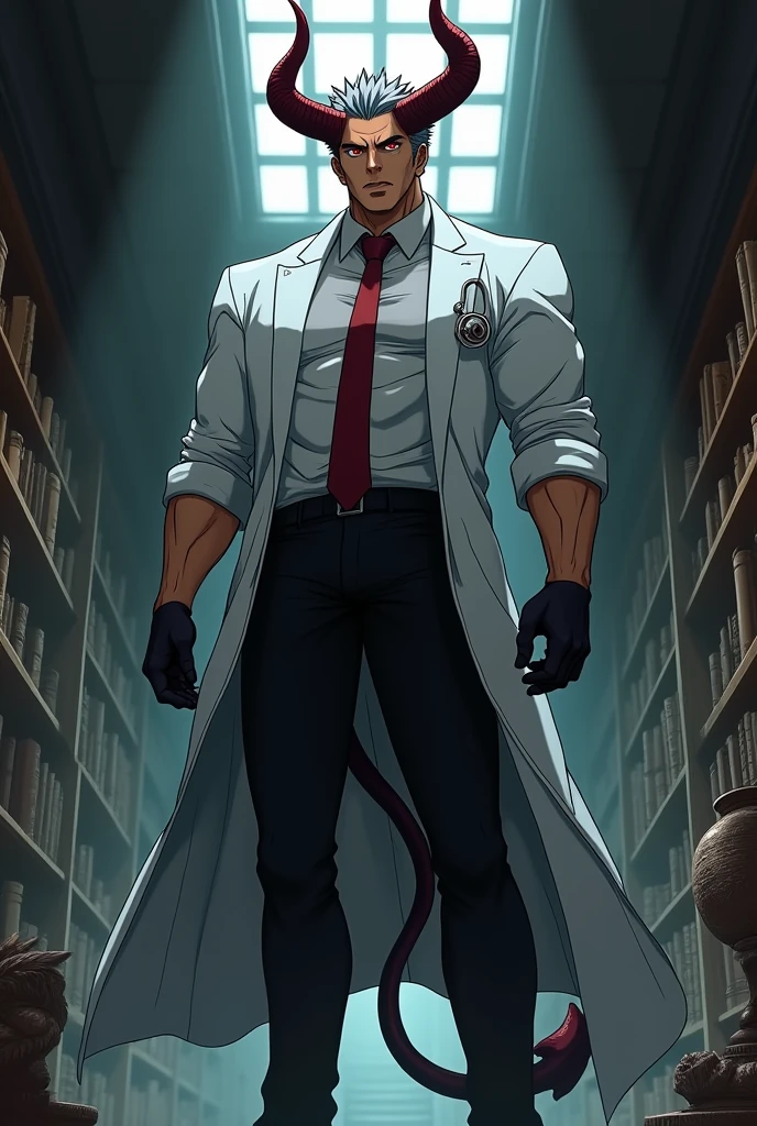 Create an anime man with a height of 2.20cm, wide and muscular body, He has a domineering gaze with downcast eyes and a gaze directed towards the outer edge and upward, pubic hair on the chin and chest, oval gold earrings on his two ears, brown skin, spiky gray hair, dominant eyes and red eyes, Fangs, large, deep red horns. Dress him in a long doctor's coat with rolled up sleeves and a burgundy tie, that he shows his muscular chest, black pants and black shoes, black gloves, demon tail.