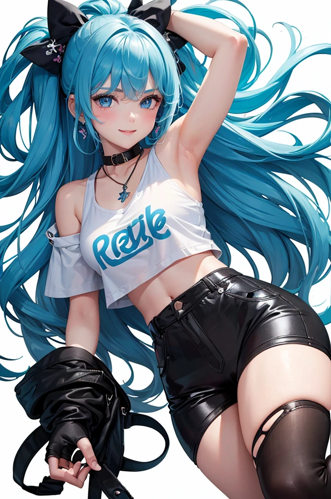 Best Quality,High resolution,8k,(plain white background, no patterns, no textures, just a plain white background:1.3),Masterpiece:1.2),beautiful girl,Shiny light blue hair,messy hair,Beautiful light blue eyes,A teenage girl in a black, oversized graphic tee or tank top featuring a cute and colorful design, such as a vibrant graphic or playful slogan in bright colors. She is wearing high-waisted, slightly oversized long pants in black with colorful details, like bright stitching or small, colorful patches. Footwear includes stylish black sneakers with colorful accents or cute ballet flats with fun patterns. Accessories include a bright, colorful pendant necklace and simple, colorful earrings,Gentle look,A refreshing look,smile,Best quality,Best Quality,Aesthetic and aesthetic:1.2,Best details((Super detailed))(High-definition CG illustrations),Slender body,smile,blush,cute,Scrounge,Looking up,Being spoiled,super model