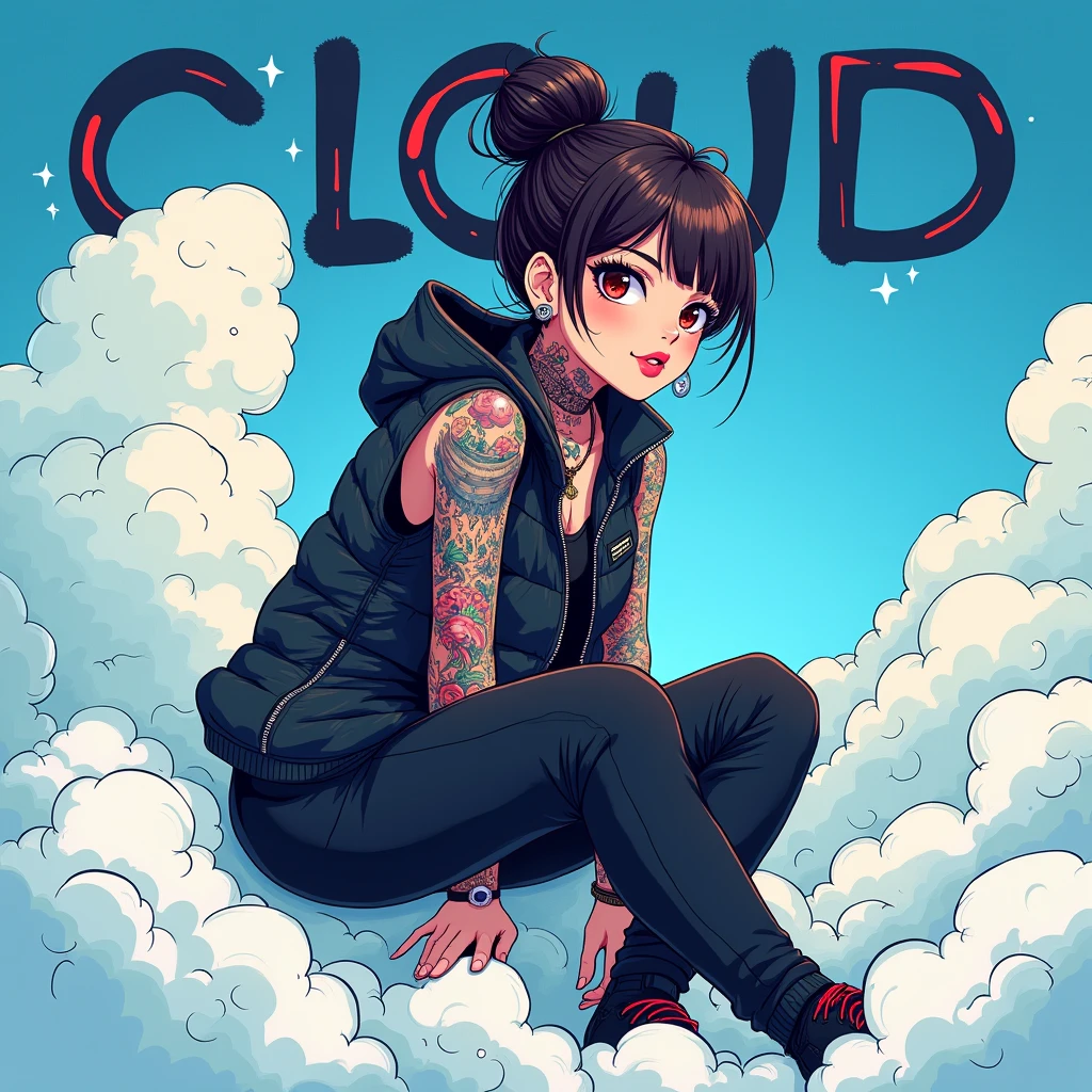 Asian Girl Rapper, super pretty, face_tattoos, side view, action, cartoon, sitting on a cloud, Album cover, "CLOUD", Letters say CLOUD, Album Cover, dark, full body, comic style, gangster, tech wear outfit, dynamic
